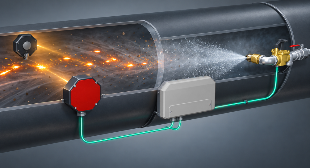 Original EWS brochure cutaway illustration showing sparks detected in a material-conveying pipe and water spray downstream.