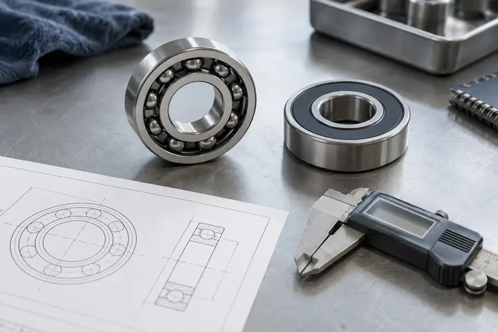 Illustration of bearings, a caliper and a drawing for a replacement-bearing evidence review
