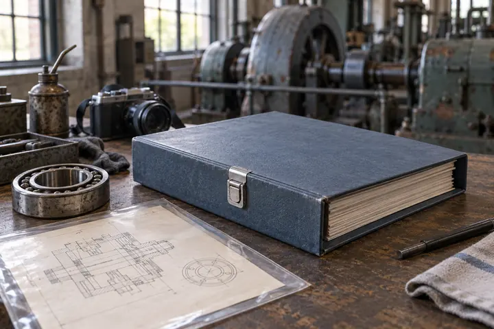 Illustration of preserved maintenance records, a protected drawing and a camera on a workshop desk