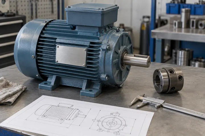 Illustration of a disconnected motor, shaft coupling and drawing for a replacement-motor assessment