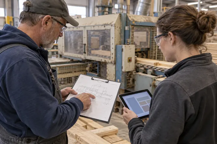 Illustration of an operator and colleague reviewing a machine drawing before considering replacement