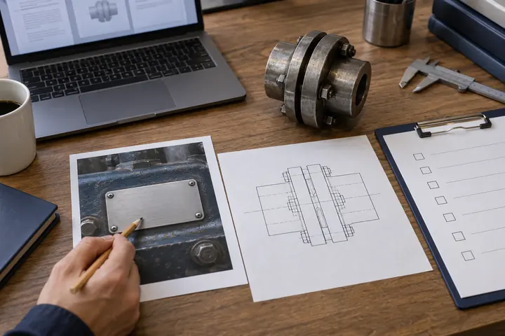 Illustration comparing a machine-plate photograph, component drawing and checklist as a chain of evidence