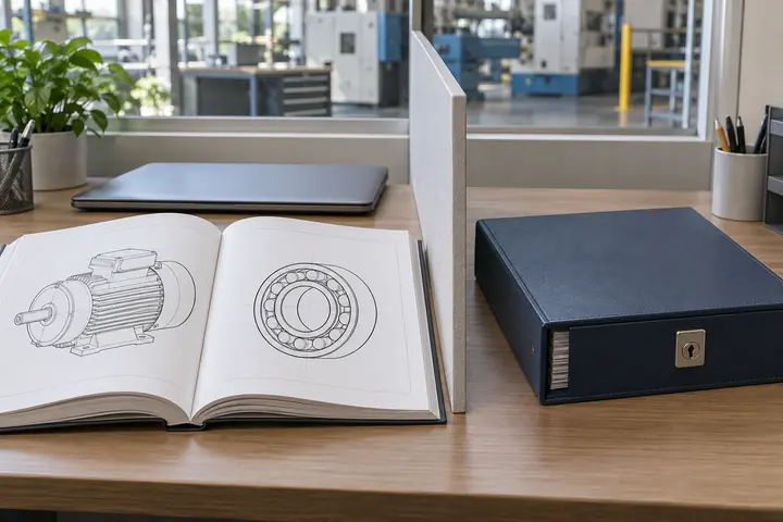 Illustration separating an open technical catalog from a closed private maintenance-record case
